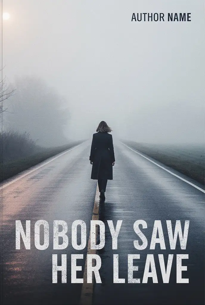 A raw AI generated thriller cover: the title sits in distressed white capitals across the bottom of the frame over the wet road, with a small AUTHOR NAME line in the top right corner