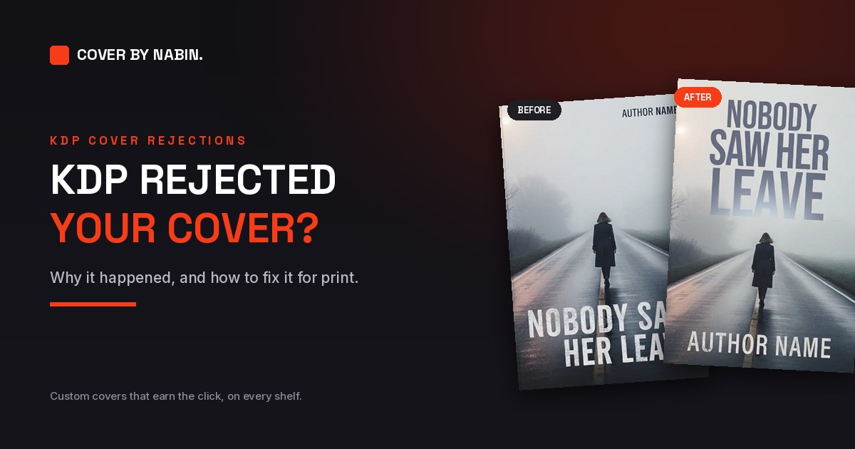 A rejected AI book cover beside the same cover rebuilt for print