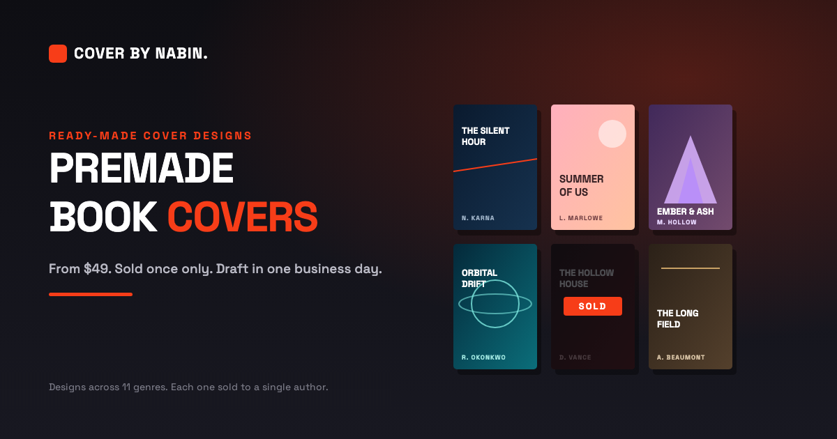 A wall of premade book covers across thriller, romance, fantasy, science fiction and literary genres, with one marked sold